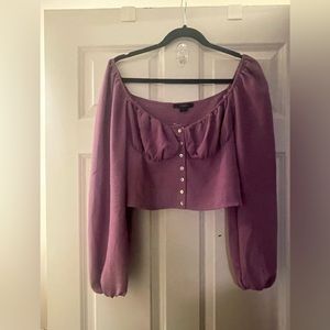 Purple dramatic scoop neck off the shoulder button up top